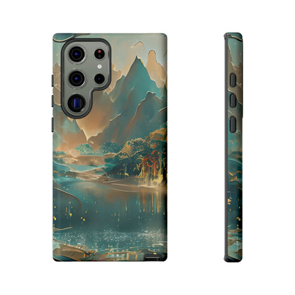 Misty Horizon Samsung Galaxy tough case with tranquil teal and gold mountain landscape over reflective lake, back view