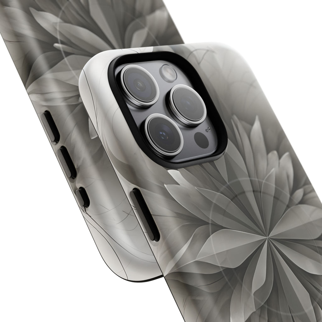 Silver Lotus - Elegant Monochrome Floral iPhone 15 Pro Max MagSafe Phone Case - Modern Lotus Design