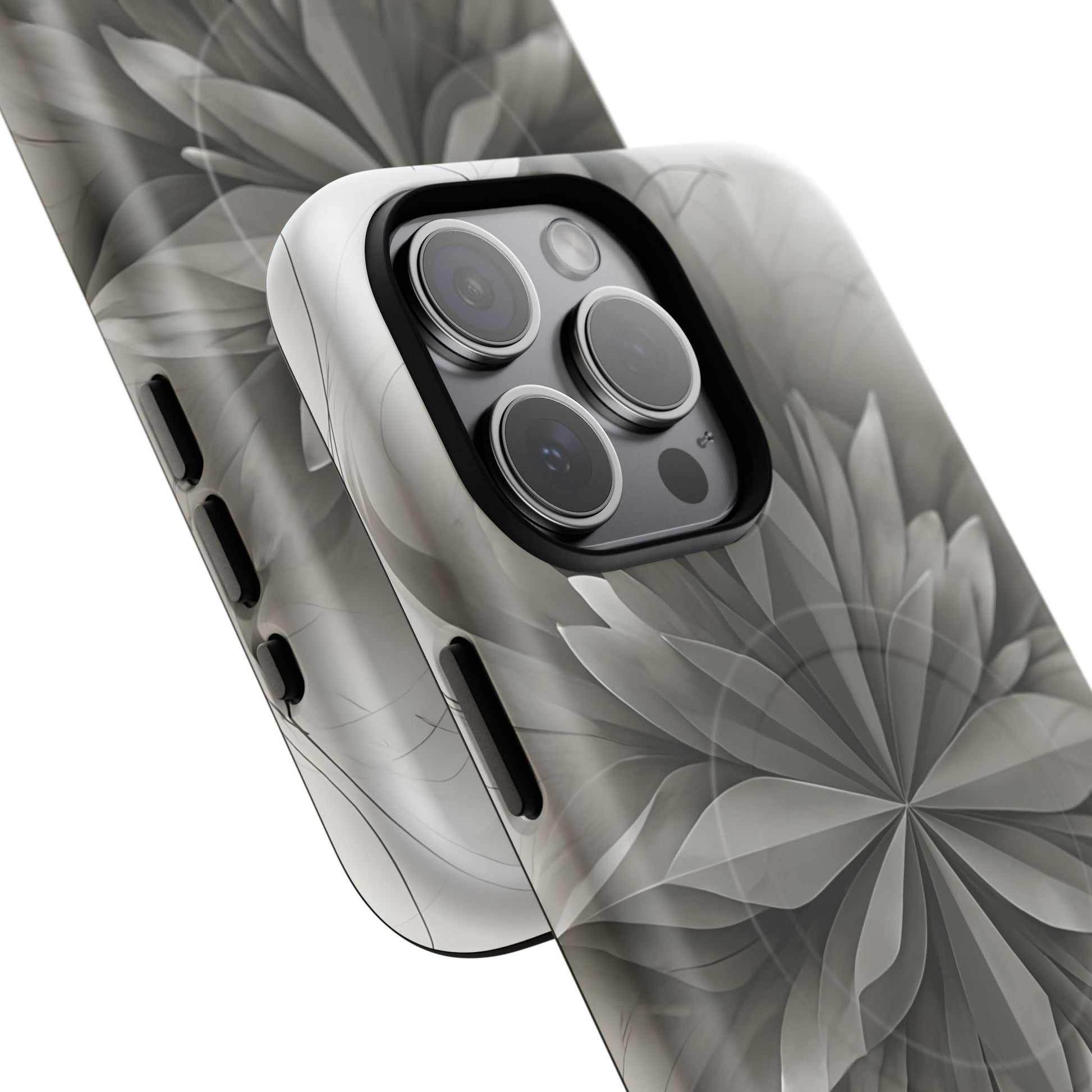 Silver Lotus - Elegant Monochrome Floral iPhone 15 Pro Max MagSafe Phone Case - Modern Lotus Design