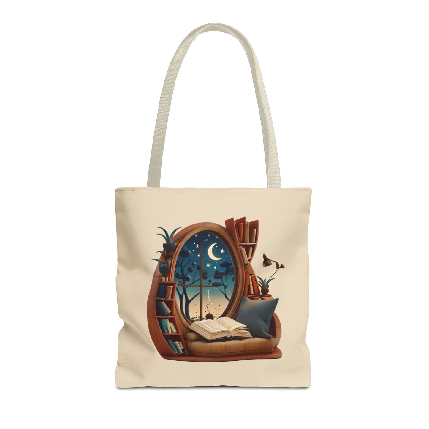 Starlit Sanctuary canvas tote bag featuring celestial night sky artwork with light beige handles