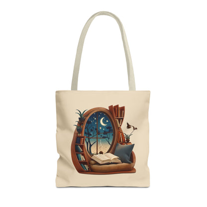 Starlit Sanctuary canvas tote bag featuring celestial night sky artwork with light beige handles