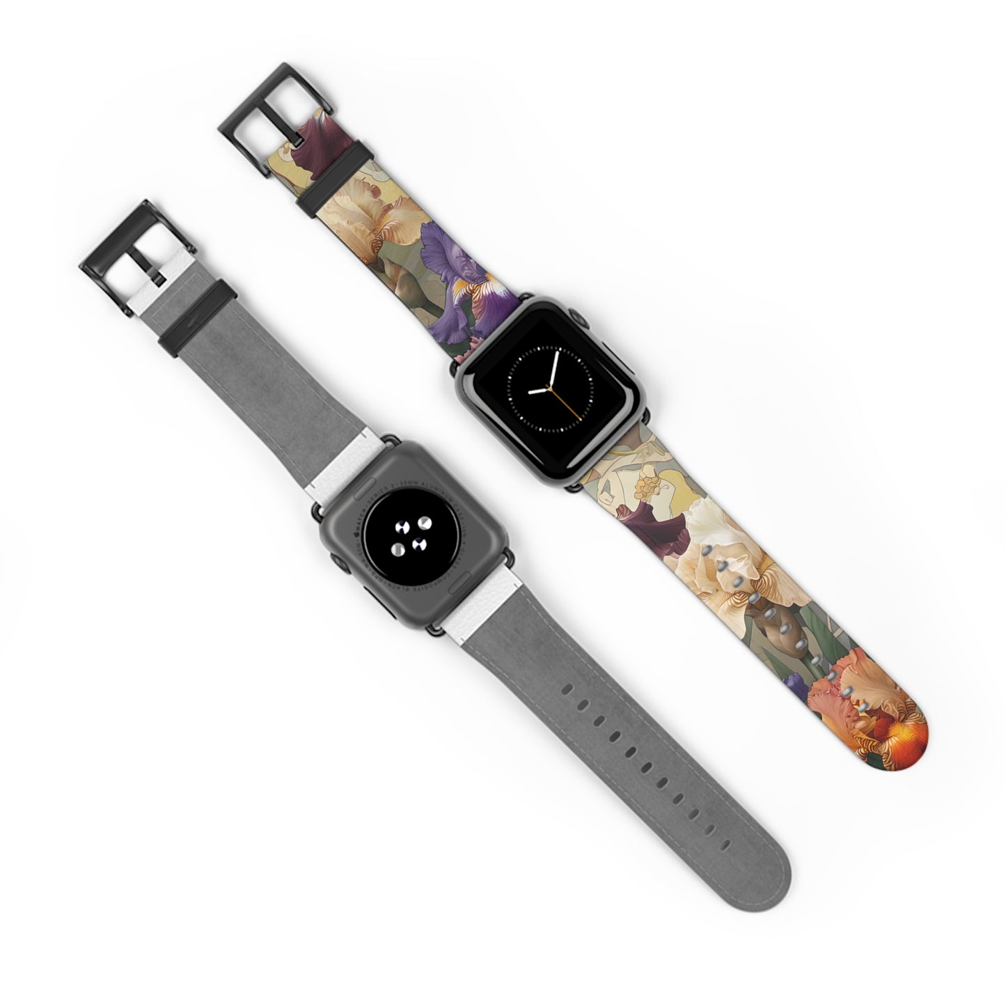 Iris Reverie Apple Watch bands shown on two watches front and back highlighting vibrant iris floral artwork