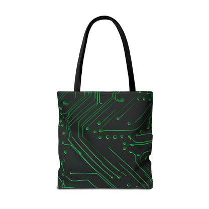 Green Circuit Grid Tote Bag (16x16 & 18x18)- Tech-Inspired Design on Black, Reusable & Eco-Friendly