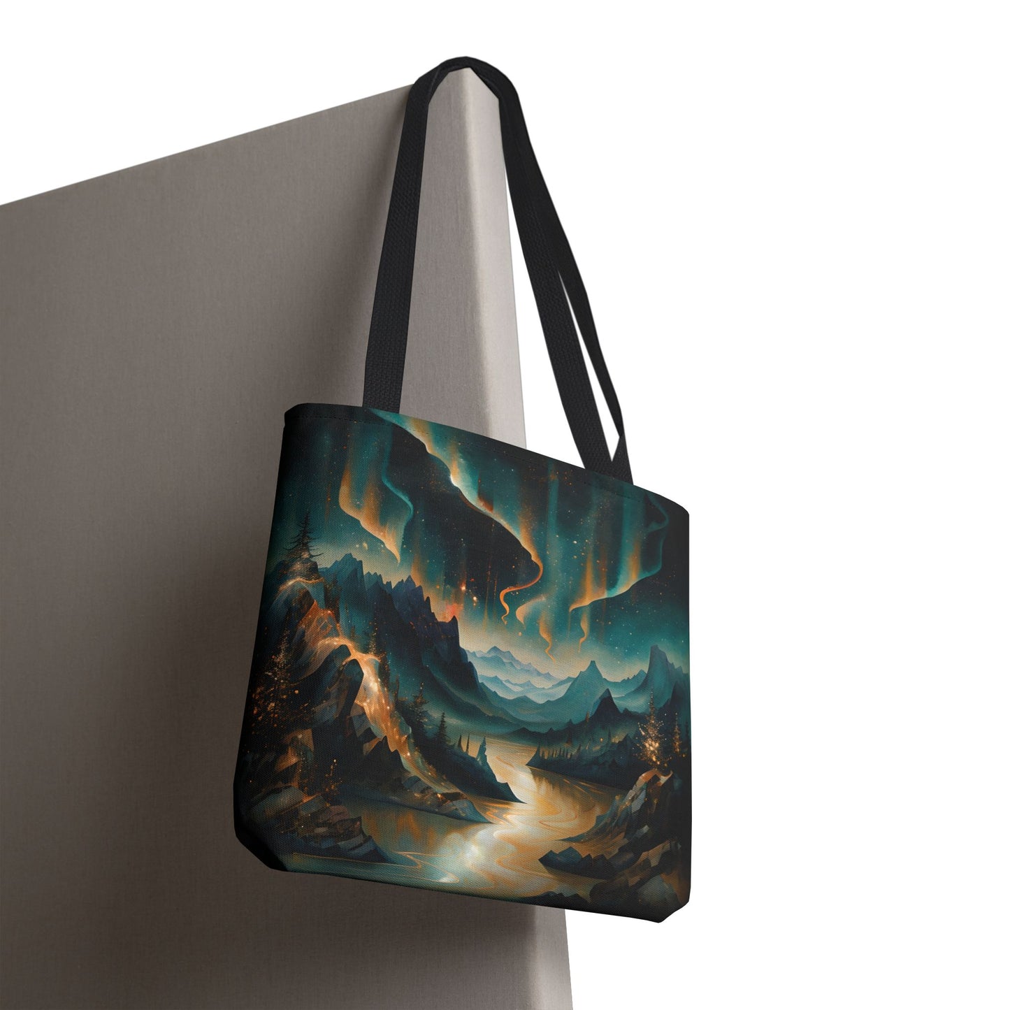 Aurora Dreamscape canvas tote bag hanging with luminous aurora dreamscape artwork
