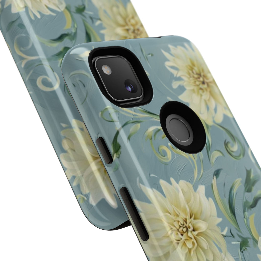 Golden Dahlia Trio - Elegant Floral Google Pixel 4a Tough Phone Case - Artistic White & Blue Dahlia Design