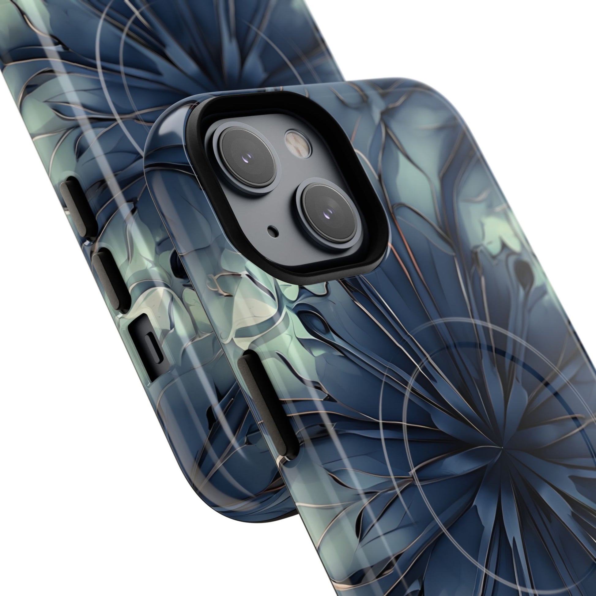 Angled view of Indigo Mosaic blue geometric pattern iPhone MagSafe protective case