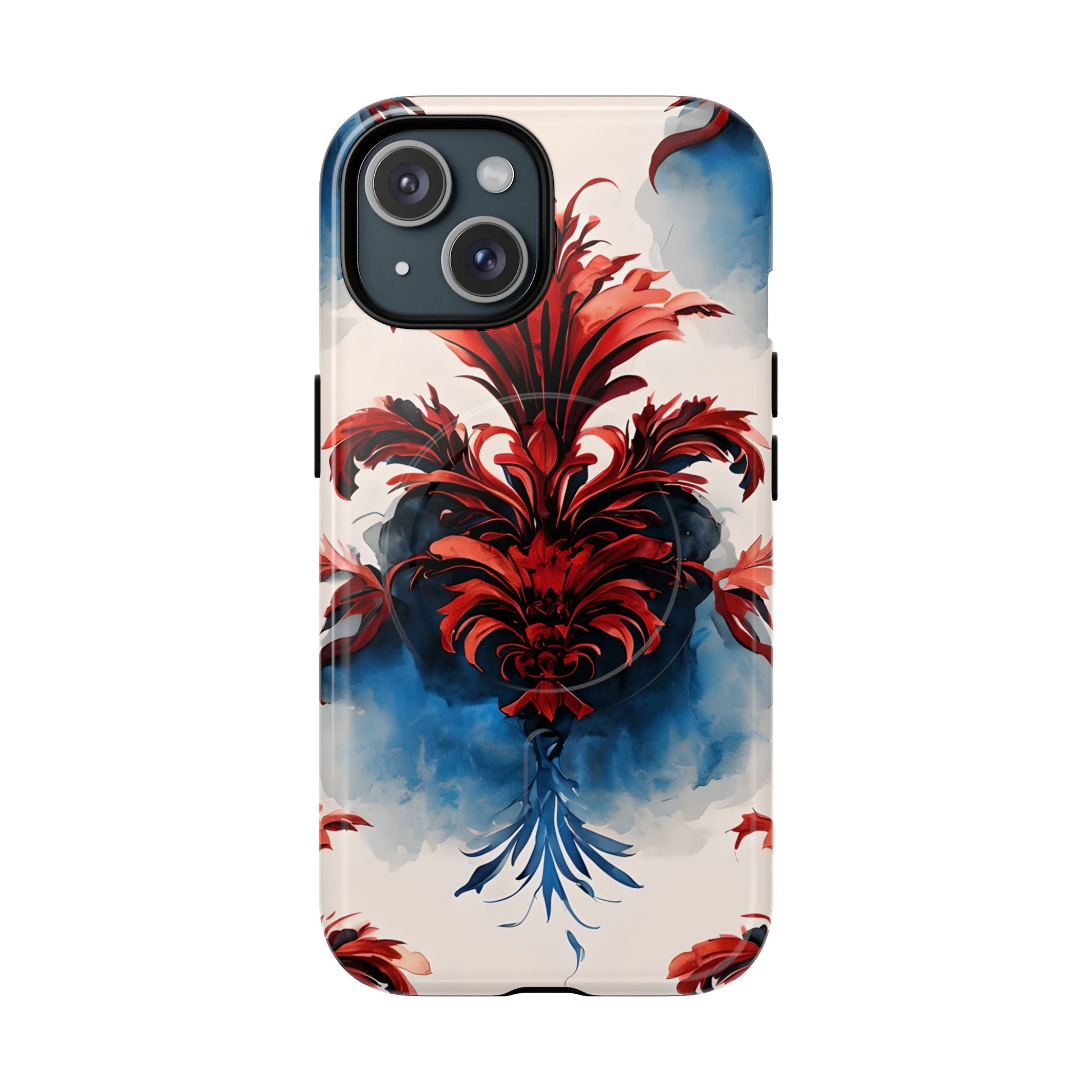 Crimson Plume - Bold Artistic Feather iPhone 15 MagSafe Phone Case - Dramatic Red & Blue Design