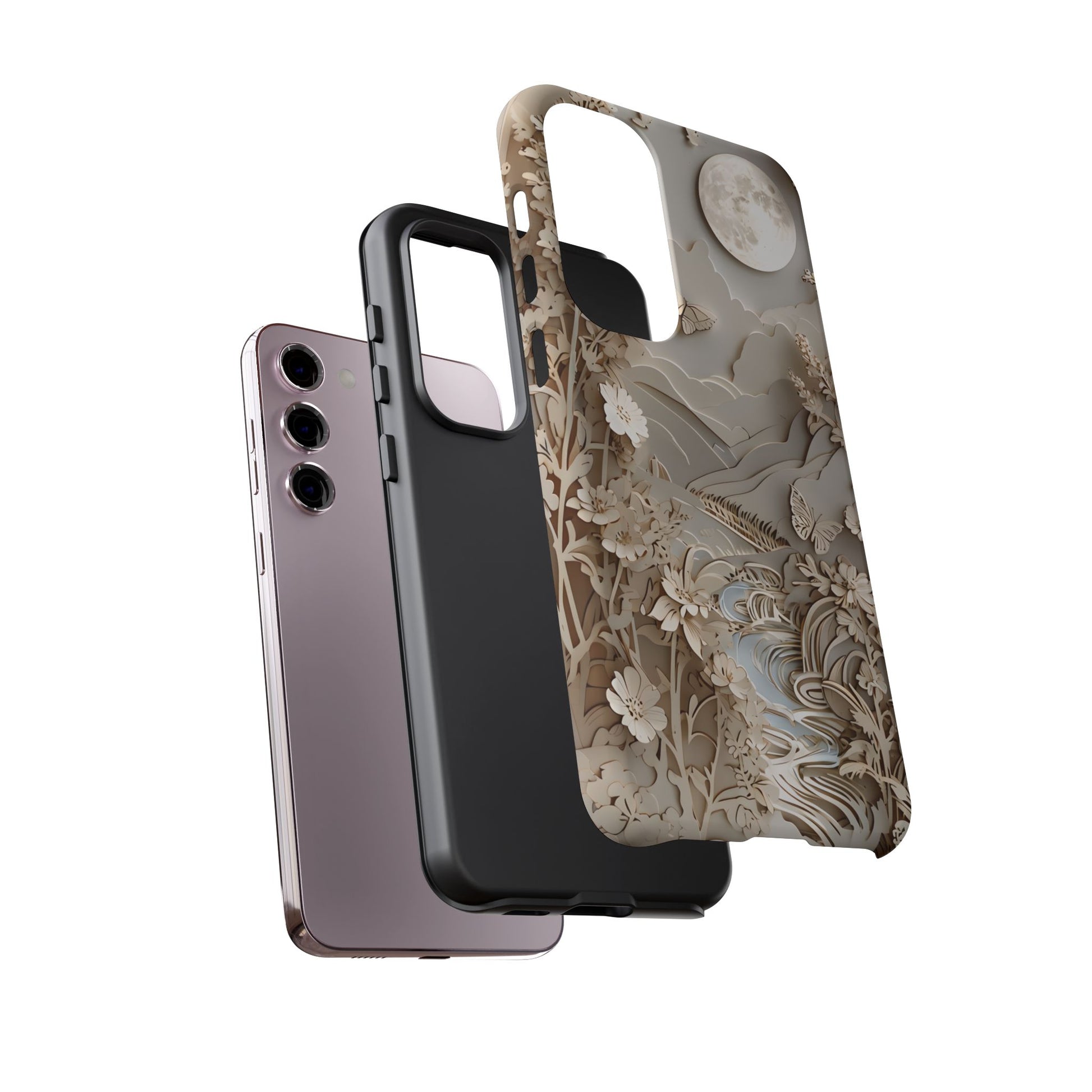 Moonlit Garden - Elegant Neutral Floral Samsung Galaxy S23 Plus Tough Phone Case - Painterly Botanical & Moon Design