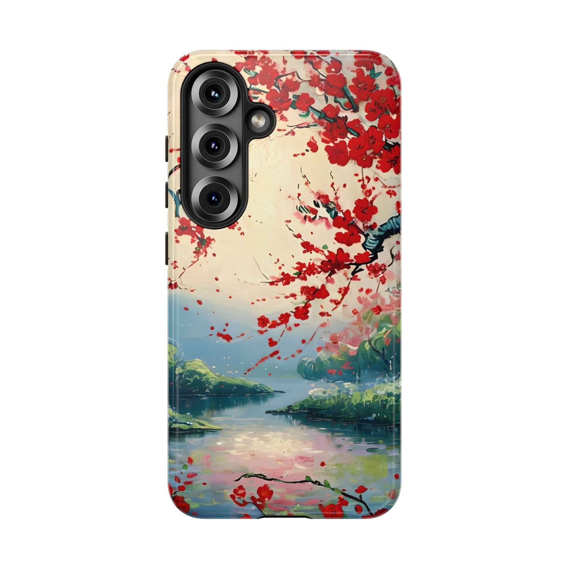 Crimson Blossom Lake - Artistic Floral Landscape Samsung Galaxy S25 Tough Phone Case - Red Cherry Blossoms & Serene Lake Design