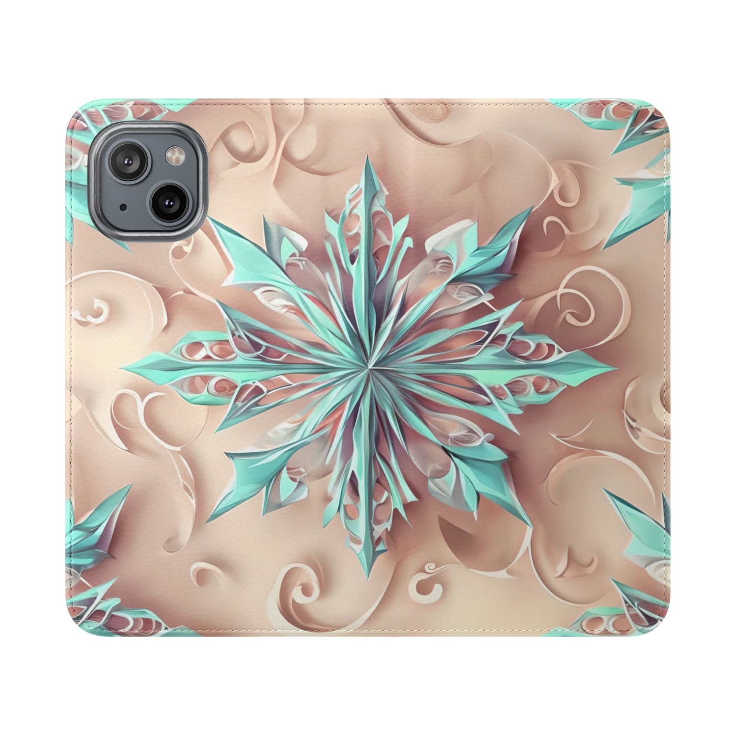 Frosted Petals iPhone Wallet Case - Soft Floral Kaleidoscope Design in Blush & Aqua