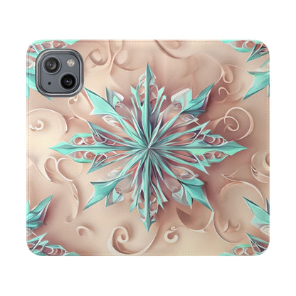 Frosted Petals iPhone Wallet Case - Soft Floral Kaleidoscope Design in Blush & Aqua