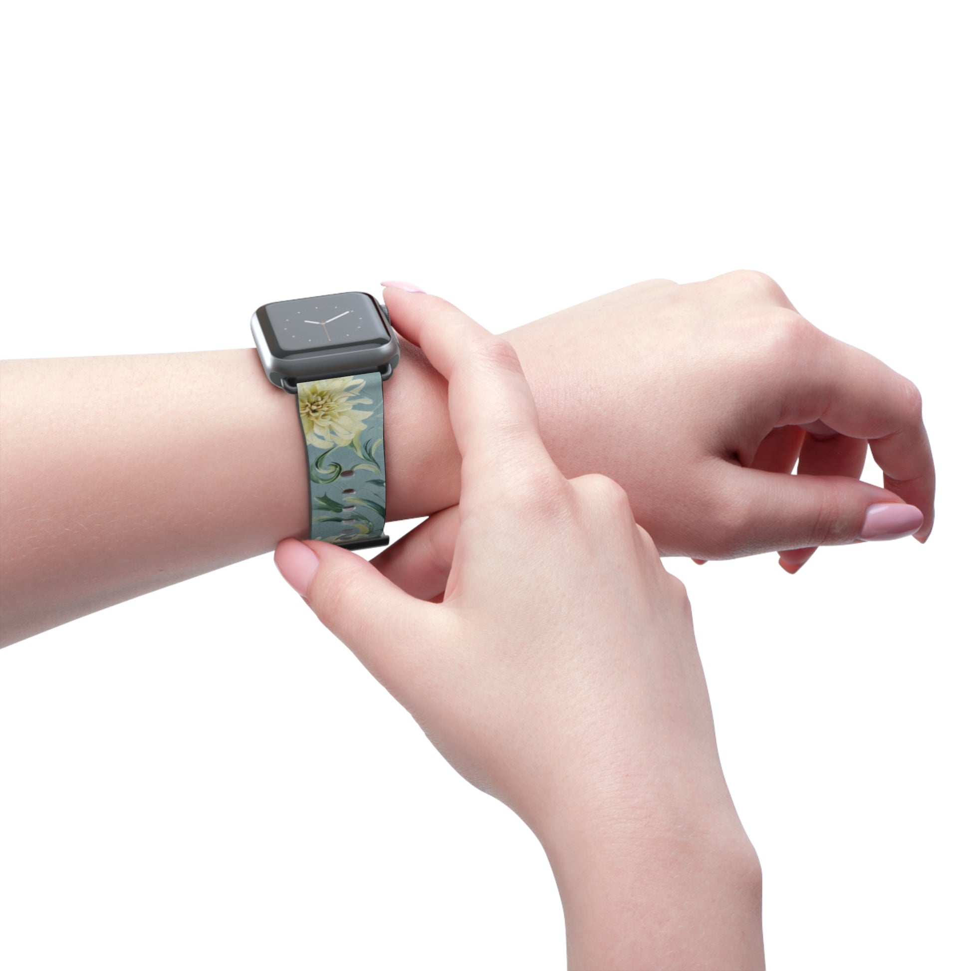 Golden Dahlia Trio Apple Watch band worn on wrist featuring elegant golden dahlia floral design