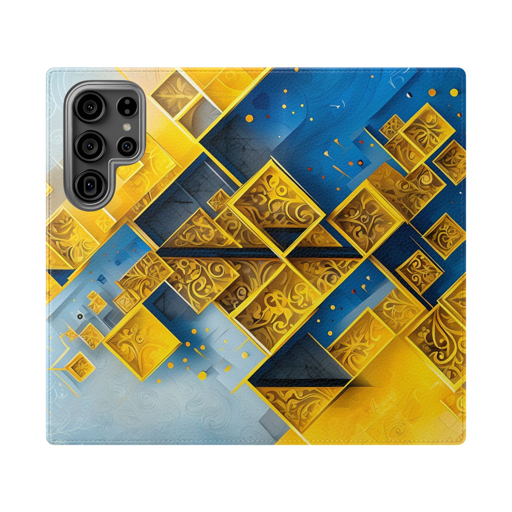 Golden Ascent Wallet Phone Case - Abstract Yellow & Blue Flip Cover for Samsung Galaxy S23 Ultra