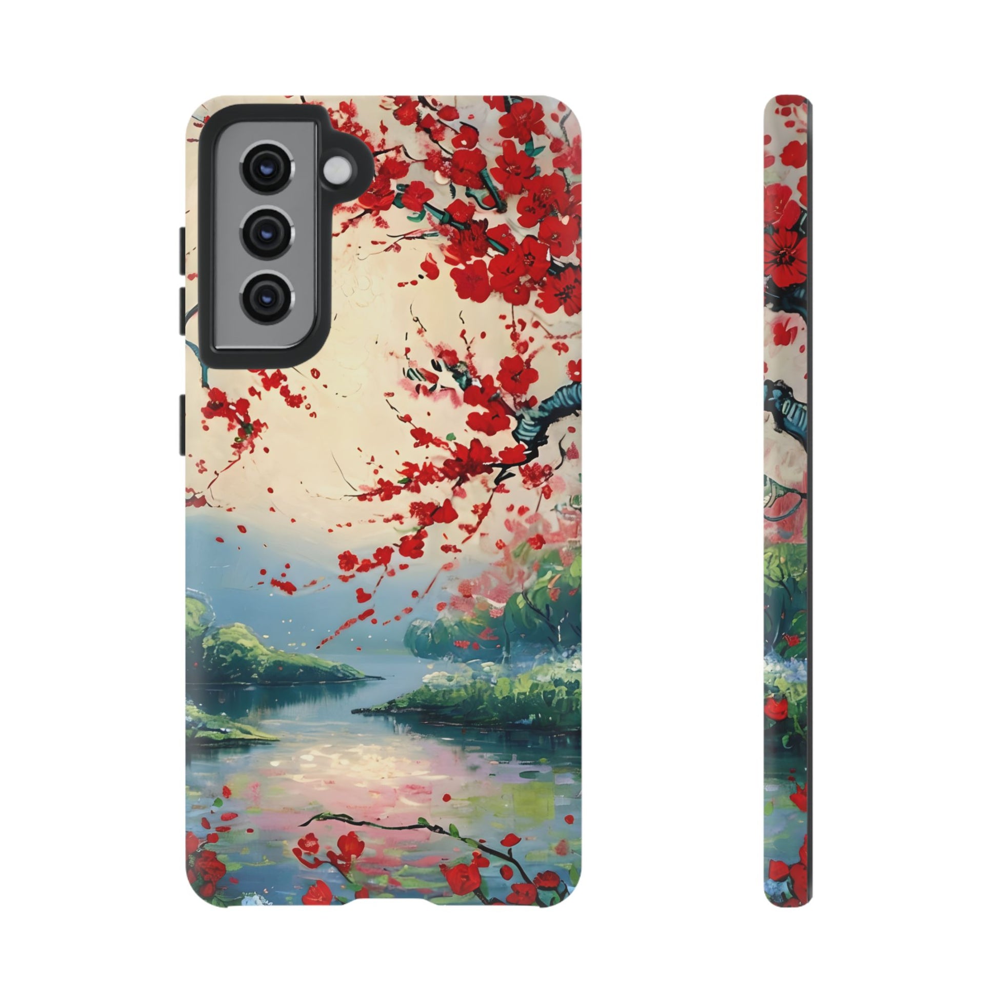 Crimson Blossom Lake - Artistic Floral Landscape Samsung Galaxy S21 Tough Phone Case - Red Cherry Blossoms & Serene Lake Design