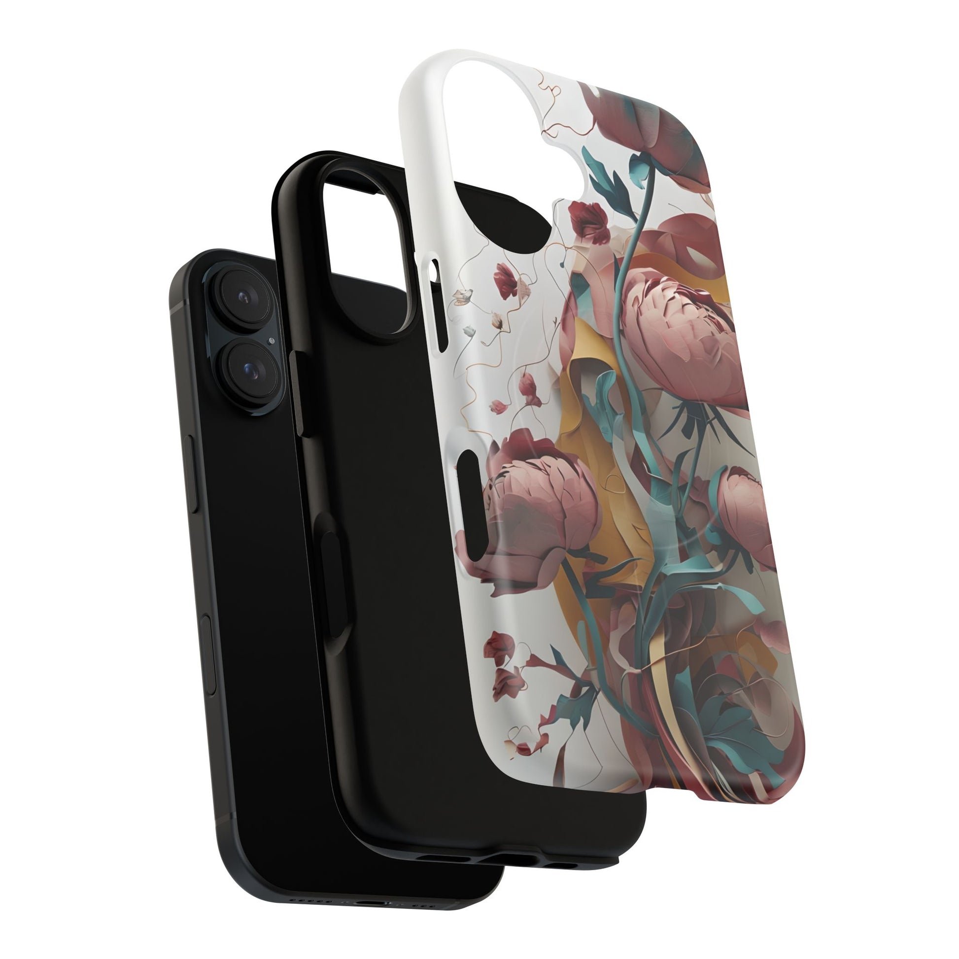 Blushing Peony Veil - Elegant Painterly Floral iPhone 16 MagSafe Phone Case - Soft Blush & Teal Peony Design