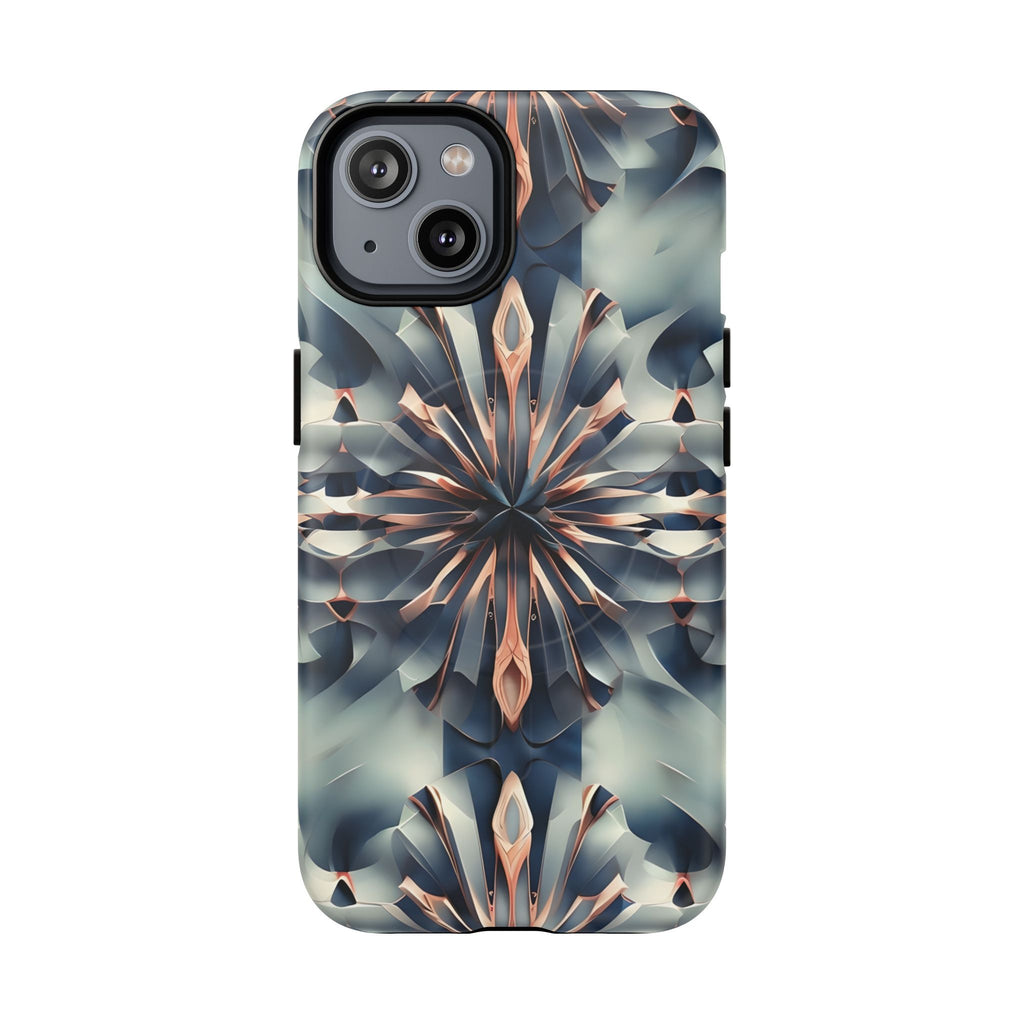 Obsidian Kaleidoscope Artistic Floral Burst - iPhone 14 MagSafe Phone Case -Blue, Peach and Silver Symmetrical Design