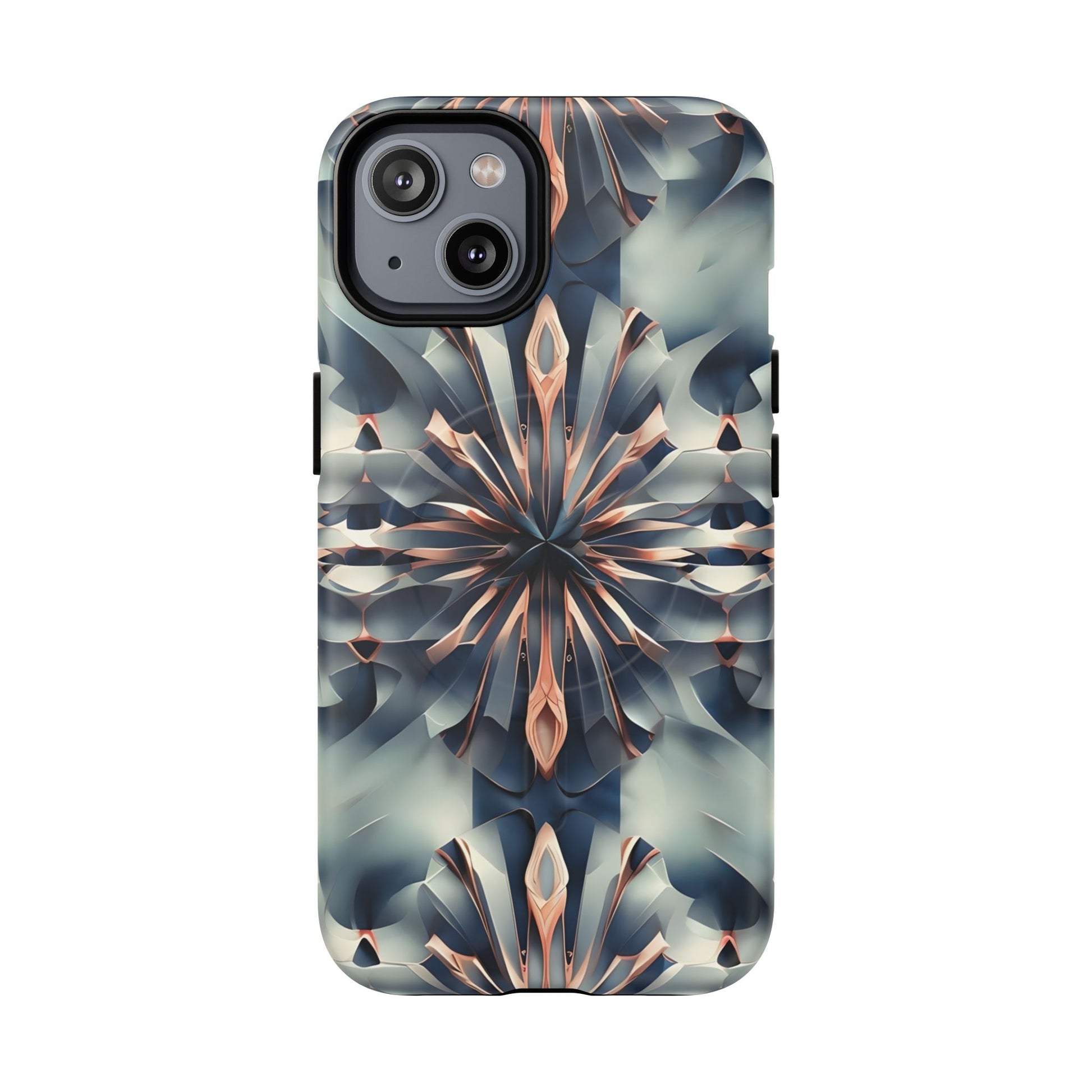 Obsidian Kaleidoscope Artistic Floral Burst - iPhone 14 MagSafe Phone Case -Blue, Peach and Silver Symmetrical Design