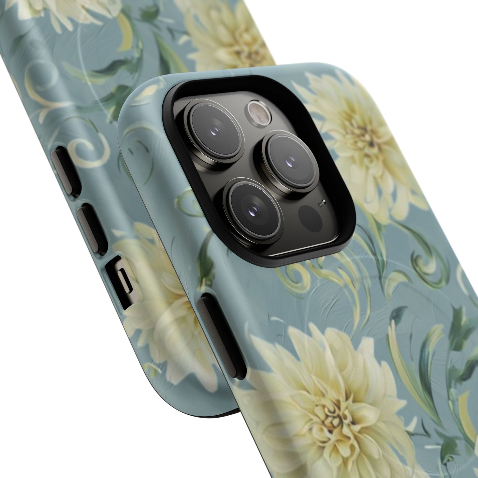 Golden Dahlia Trio - Elegant Floral iPhone 14 Pro MagSafe Phone Case - Artistic White & Blue Dahlia Design