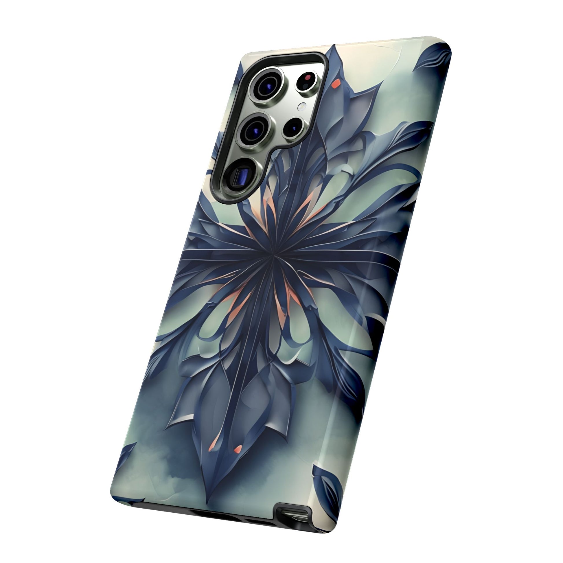 Frosted Indigo Bloom Samsung Galaxy phone case angled view featuring indigo flower artwork with frosted petals