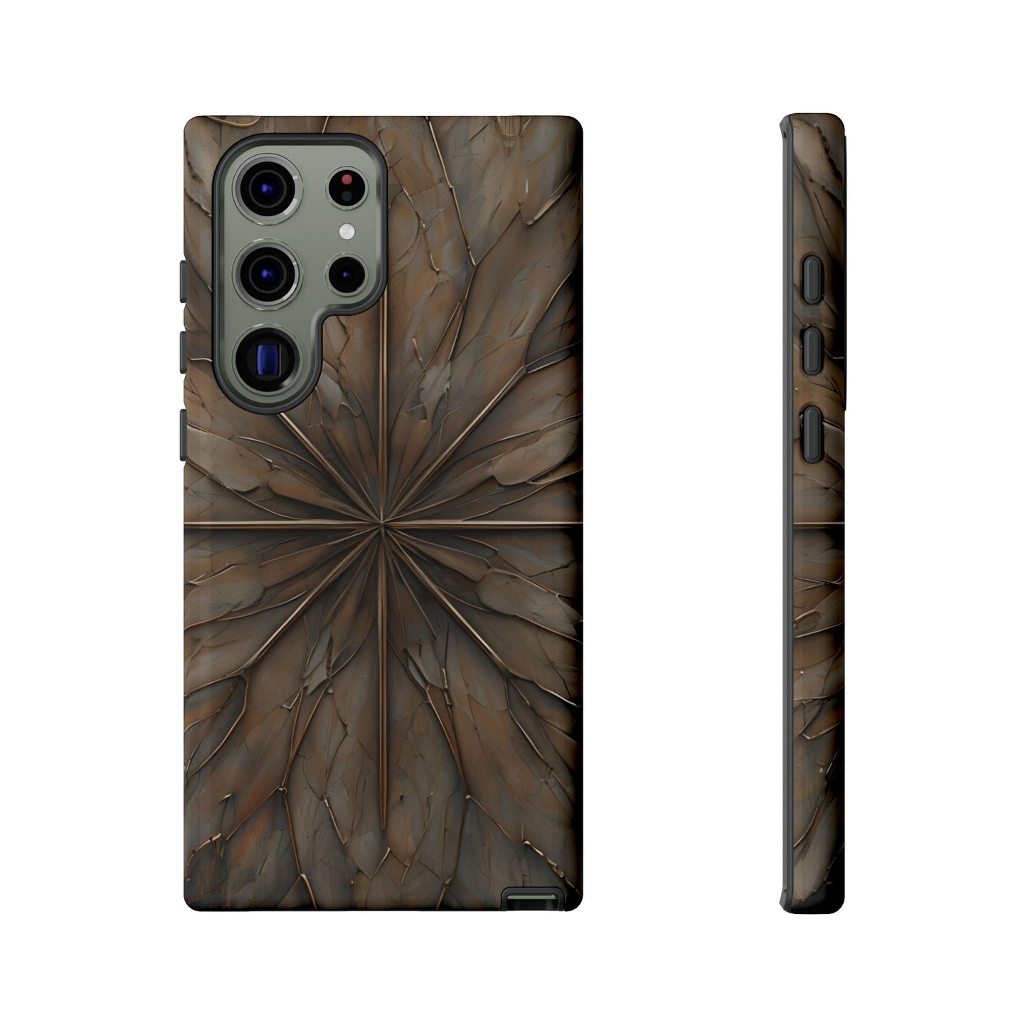 Earthstone Mandala Samsung Galaxy tough case with dark geometric mandala pattern in earthy brown tones, back and side view