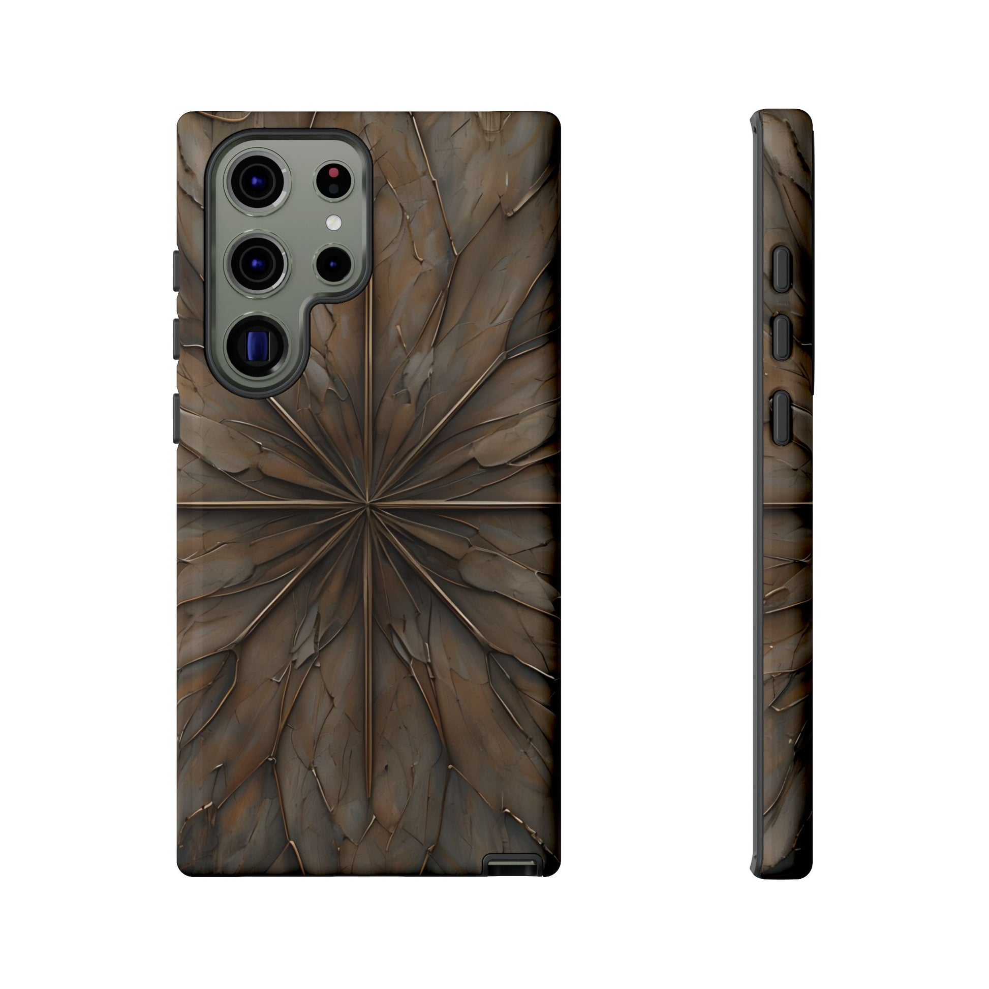 Earthstone Mandala Samsung Galaxy tough case with dark geometric mandala pattern in earthy brown tones, back and side view
