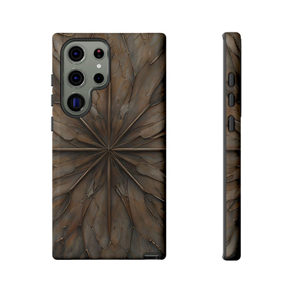 Earthstone Mandala Samsung Galaxy tough case with dark geometric mandala pattern in earthy brown tones, back and side view