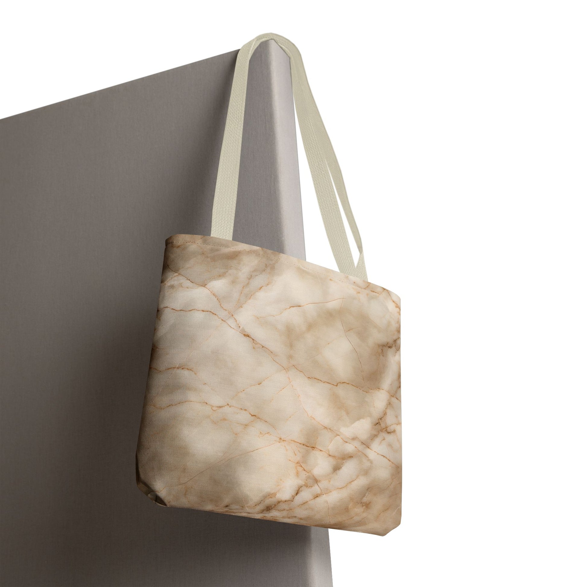 Parchment Mist canvas tote bag hanging with subtle cream marble pattern and light handles