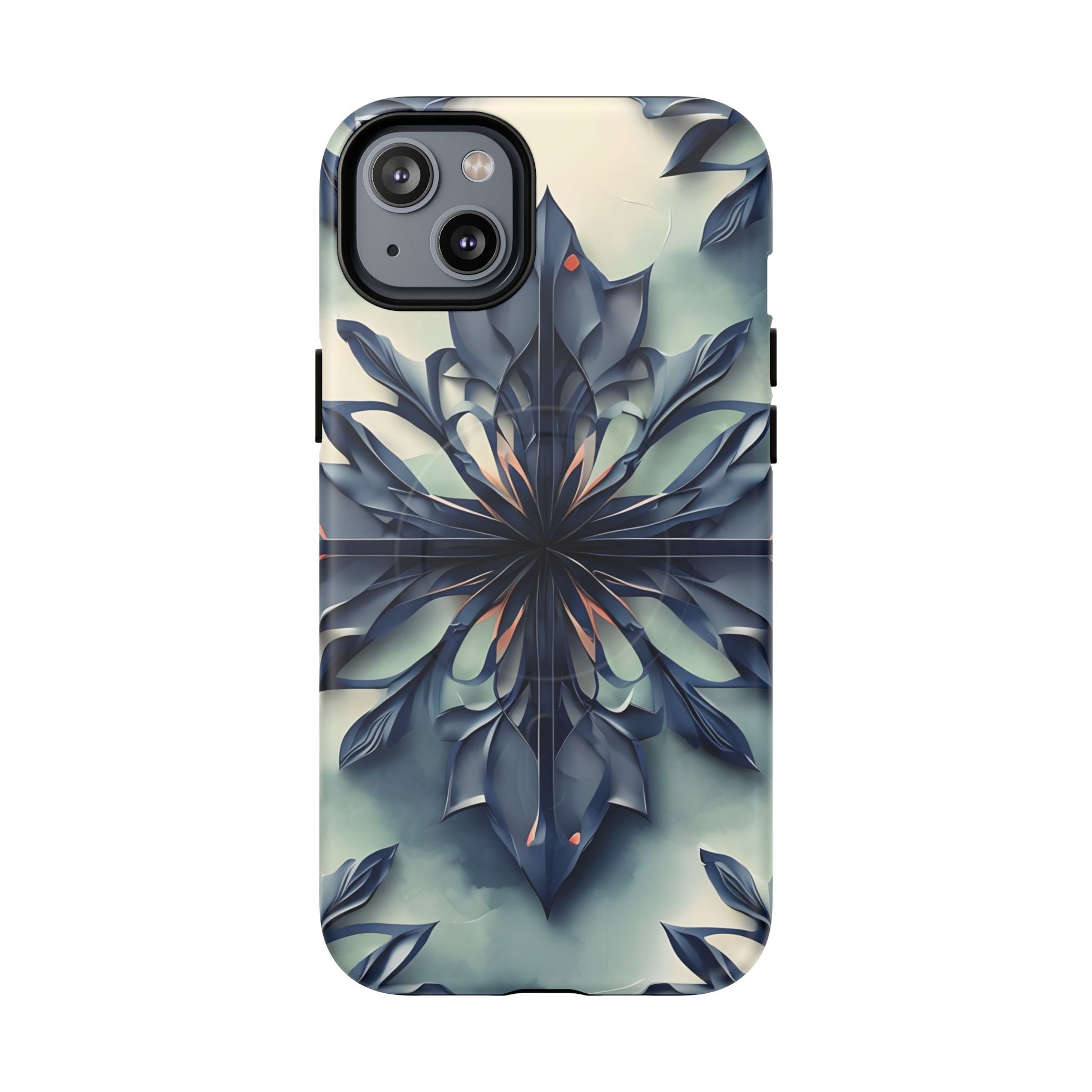 Frosted Indigo Bloom - Artistic Kaleidoscope Collection Artistic Floral - iPhone 14 Plus MagSafe Phone Case -Blue Symmetrical Design