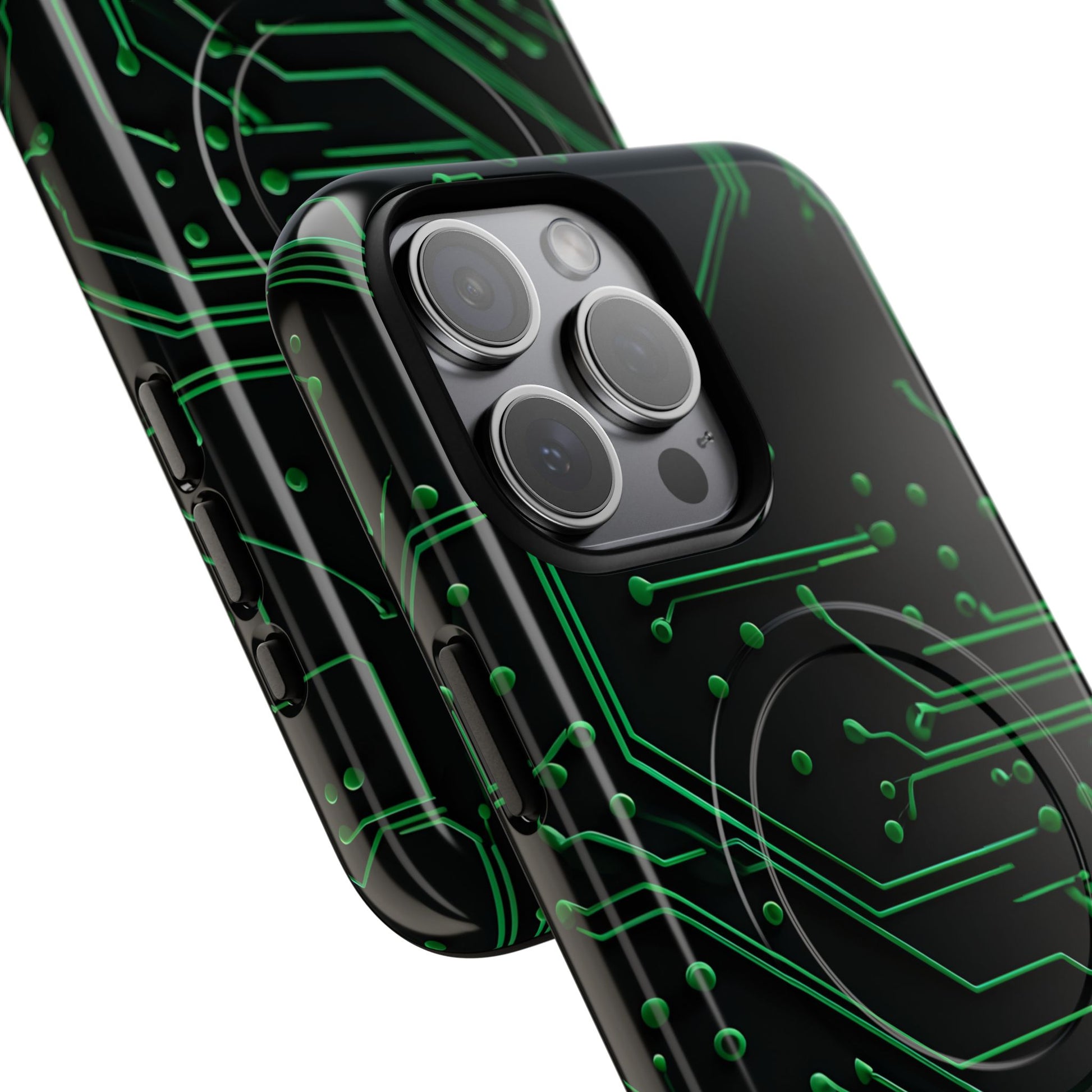 Green Circuit Grid iPhone 15 Pro Max MagSafe Compatible case- Tech-Inspired Shockproof Cover