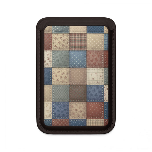 Heirloom Patchwork vintage quilt pattern MagSafe card holder with patchwork fabric design on black magnetic wallet