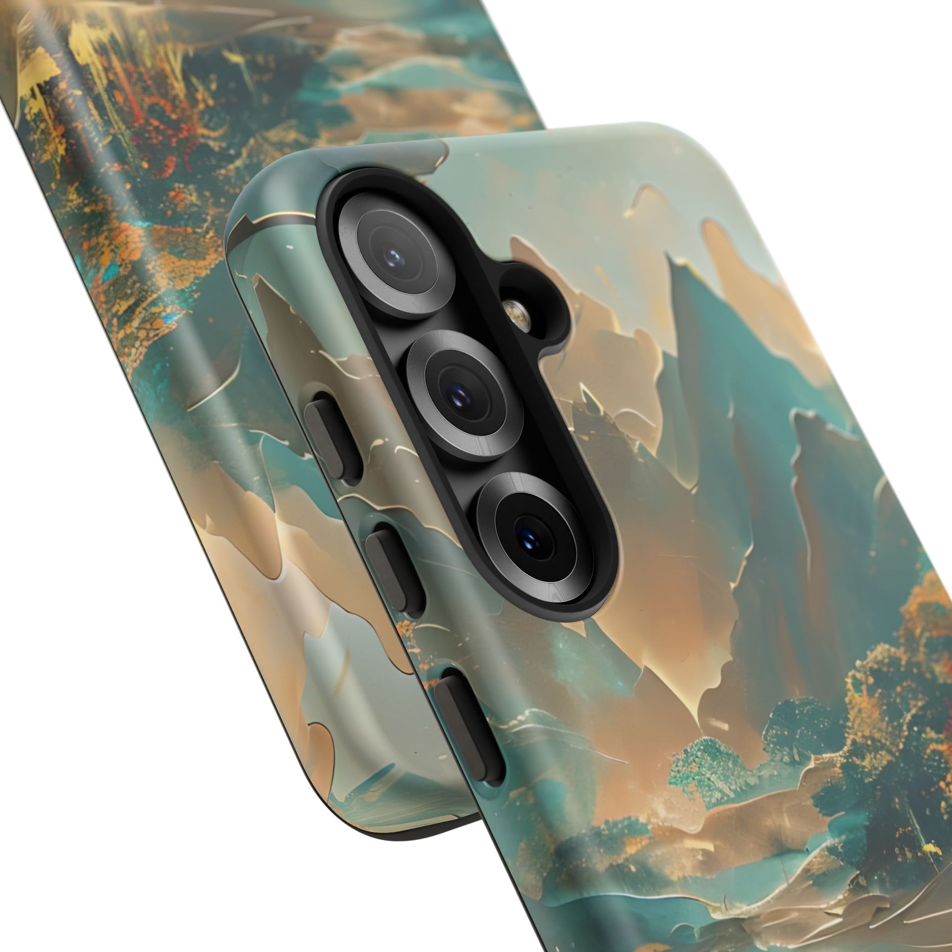 Misty Horizon - Serene Landscape Art Samsung Galaxy S25 Tough Phone Case - Tranquil Mountain & Lake Design
