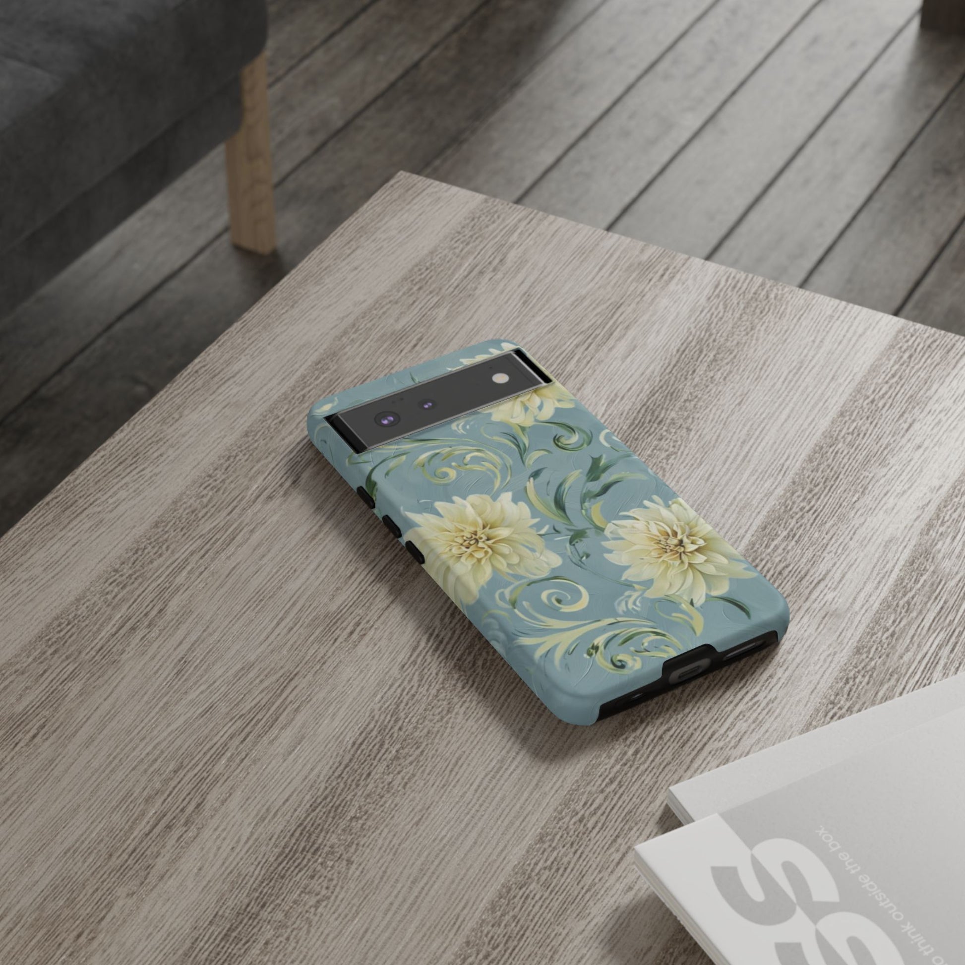 Golden Dahlia Trio - Elegant Floral Google Pixel 6 Tough Phone Case - Artistic White & Blue Dahlia Design