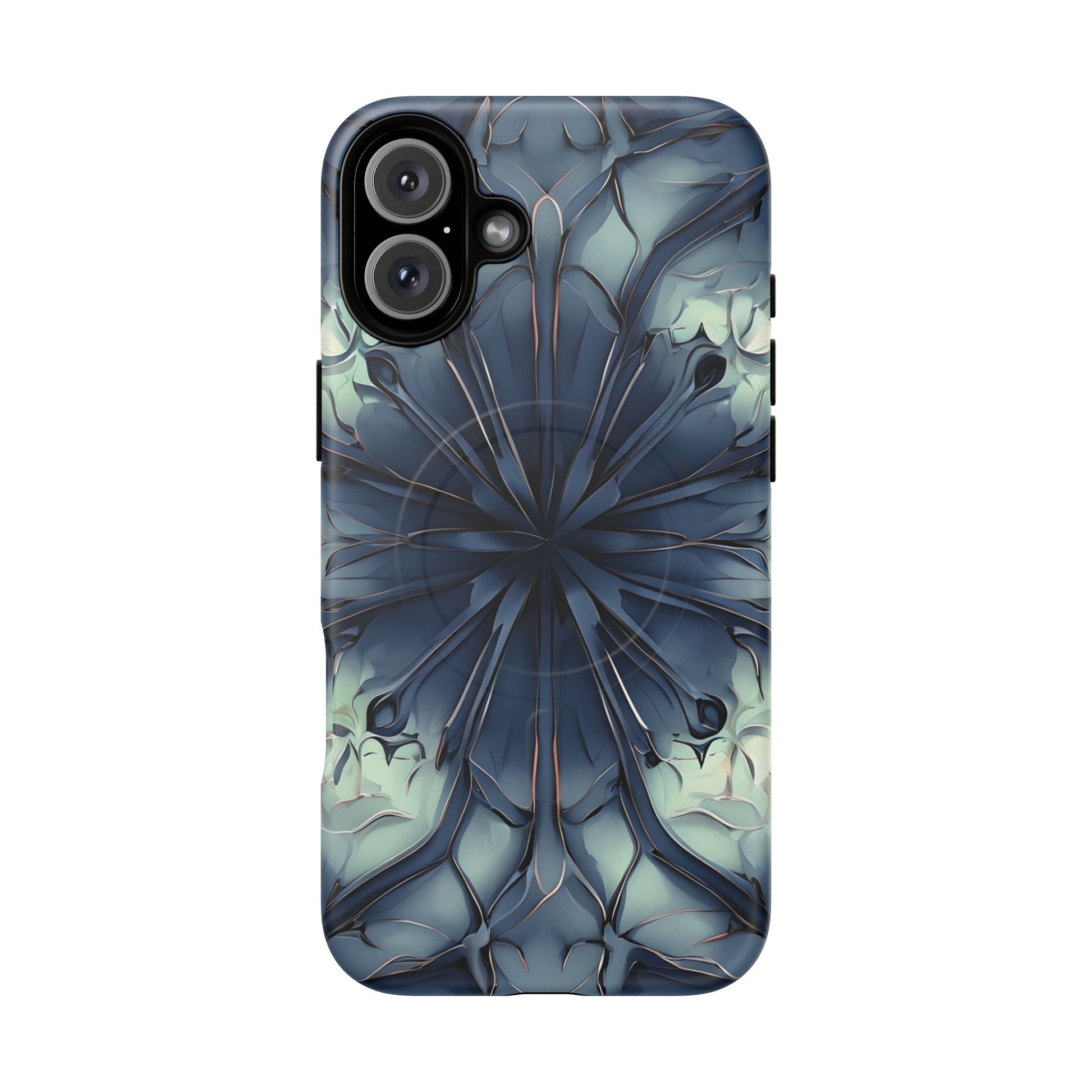 Indigo Mosaic - Artistic Kaleidoscope Collection Artistic Floral - iPhone 16 Plus MagSafe Phone Case -Bold Blue Symmetrical Design