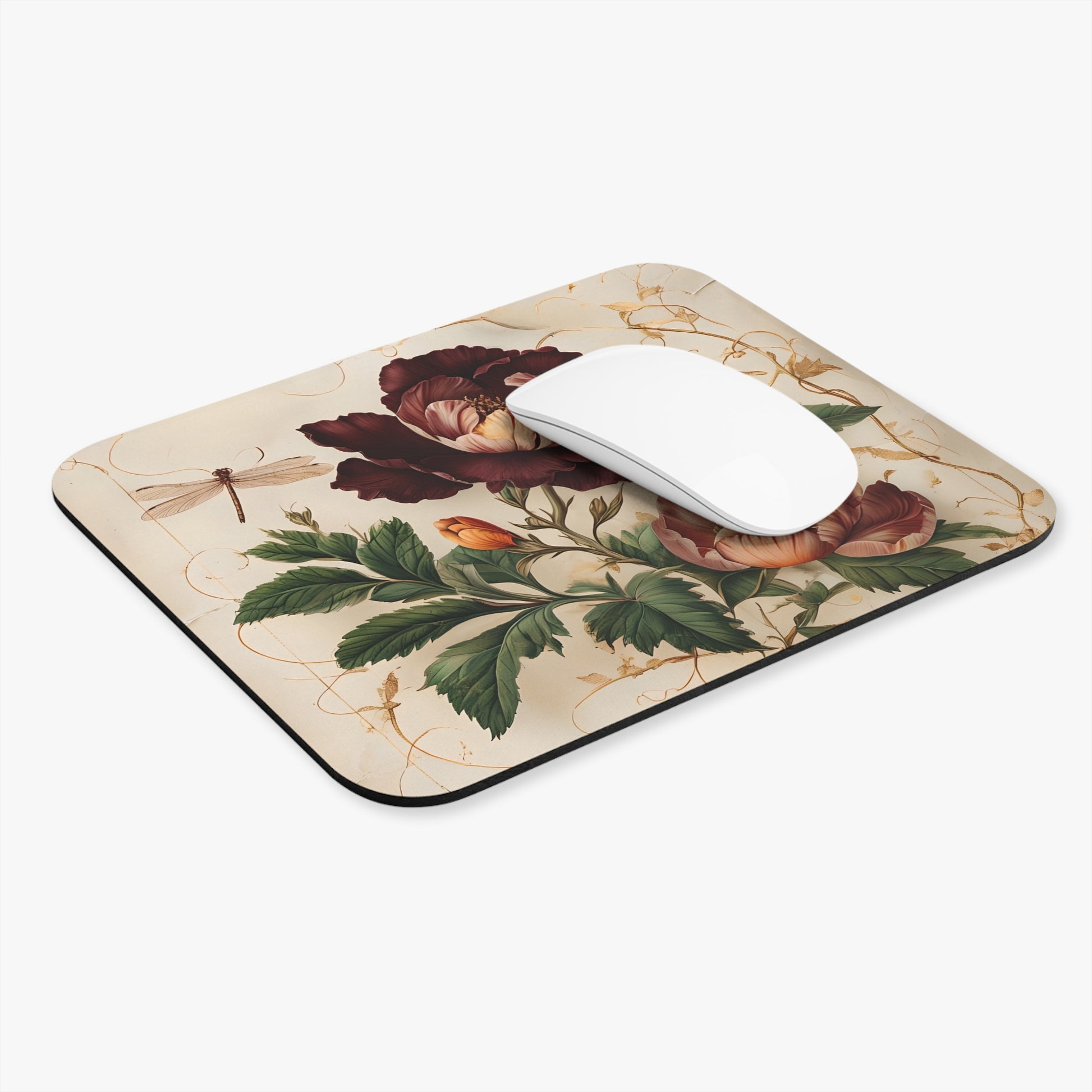 Vintage Burgundy Rose mouse pad in workspace with mouse showing vintage rose artwork