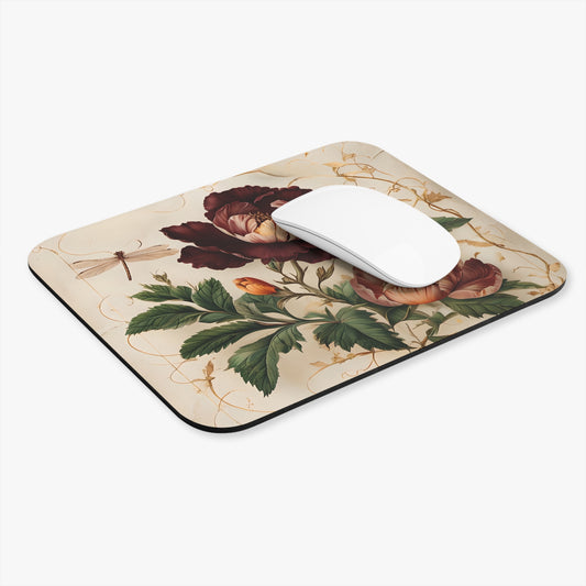 Vintage Burgundy Rose mouse pad in workspace with mouse showing vintage rose artwork