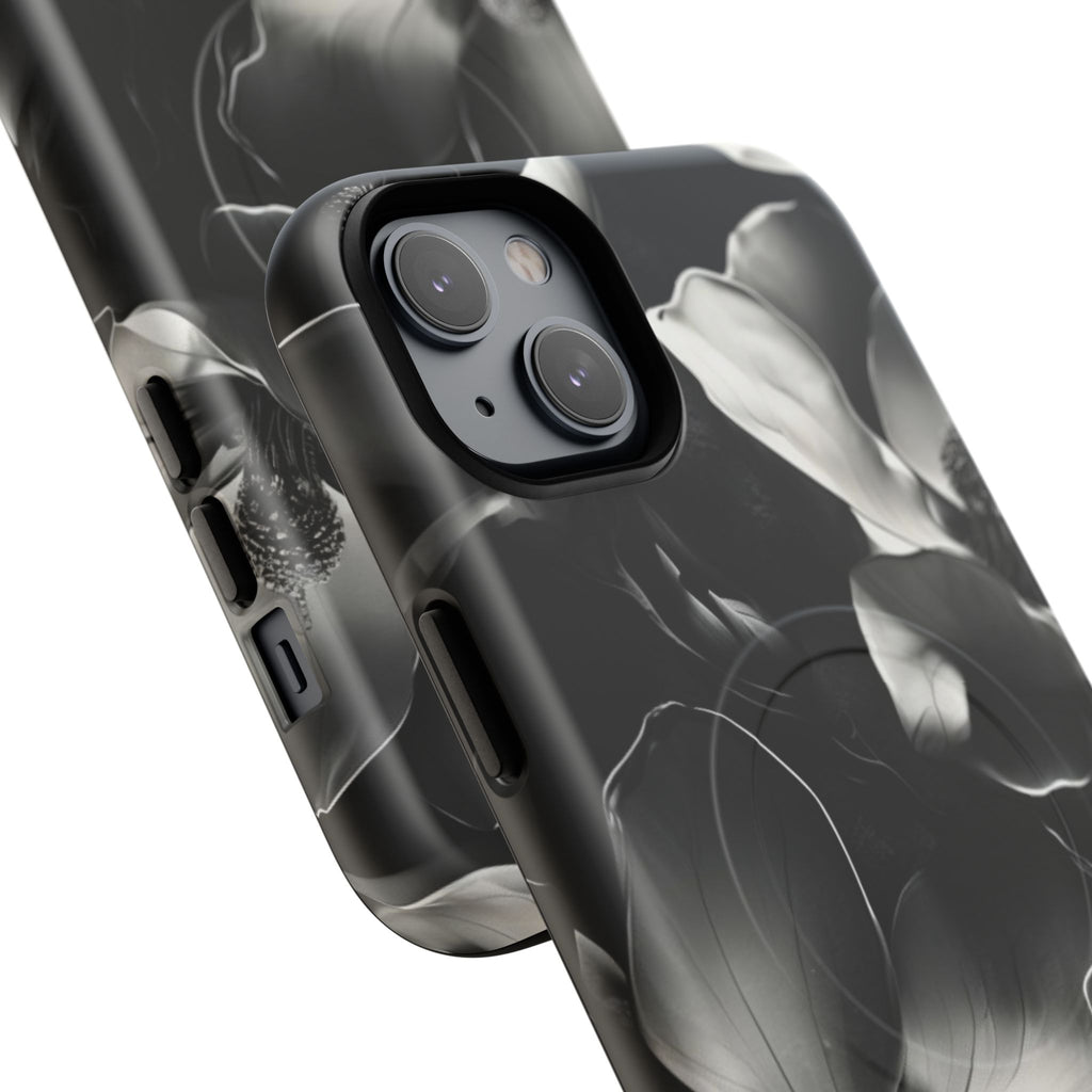 Monochrome Magnolia - Elegant Black & White Floral iPhone 14 Plus MagSafe Phone Case - Artistic Magnolia Design