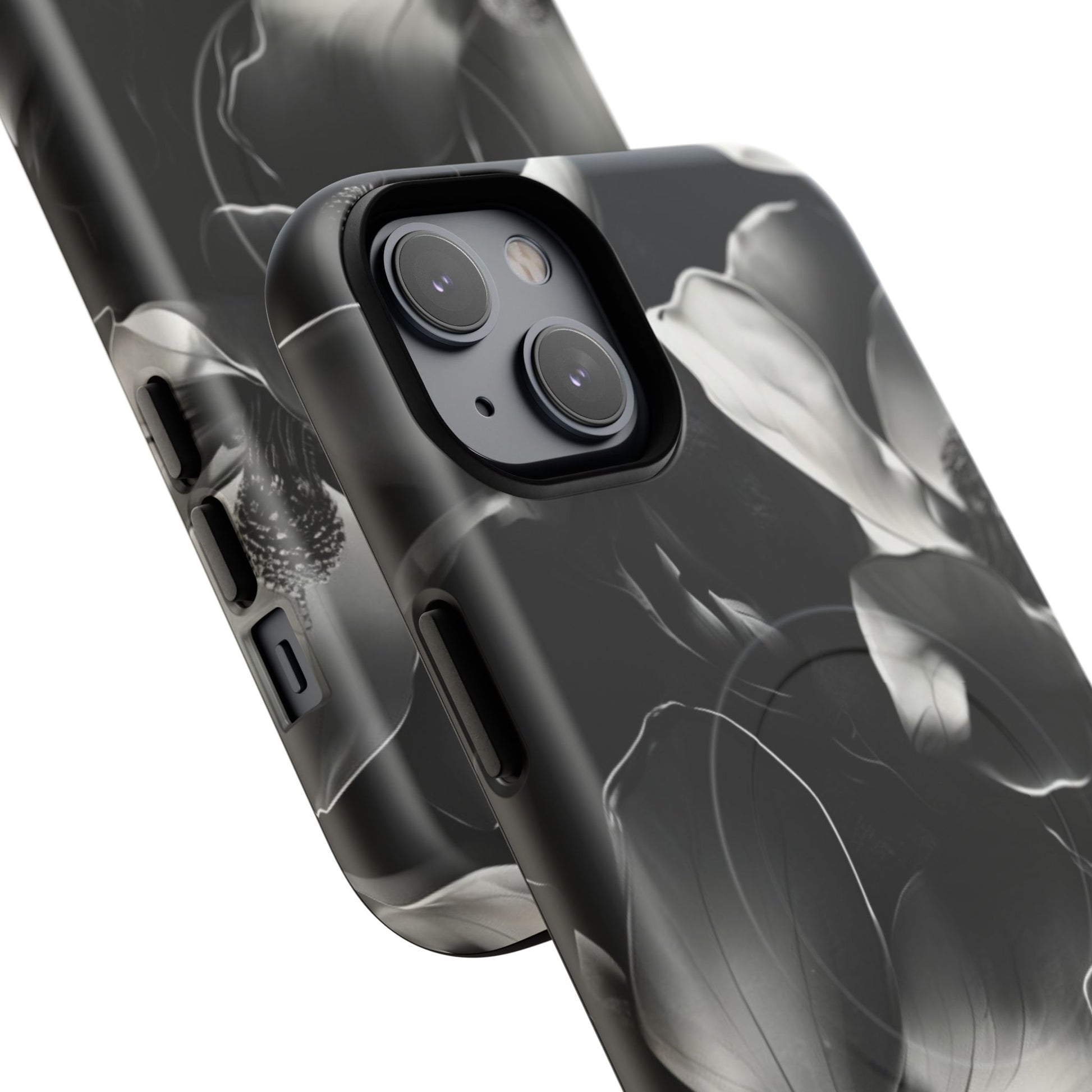 Monochrome Magnolia - Elegant Black & White Floral iPhone 14 Plus MagSafe Phone Case - Artistic Magnolia Design