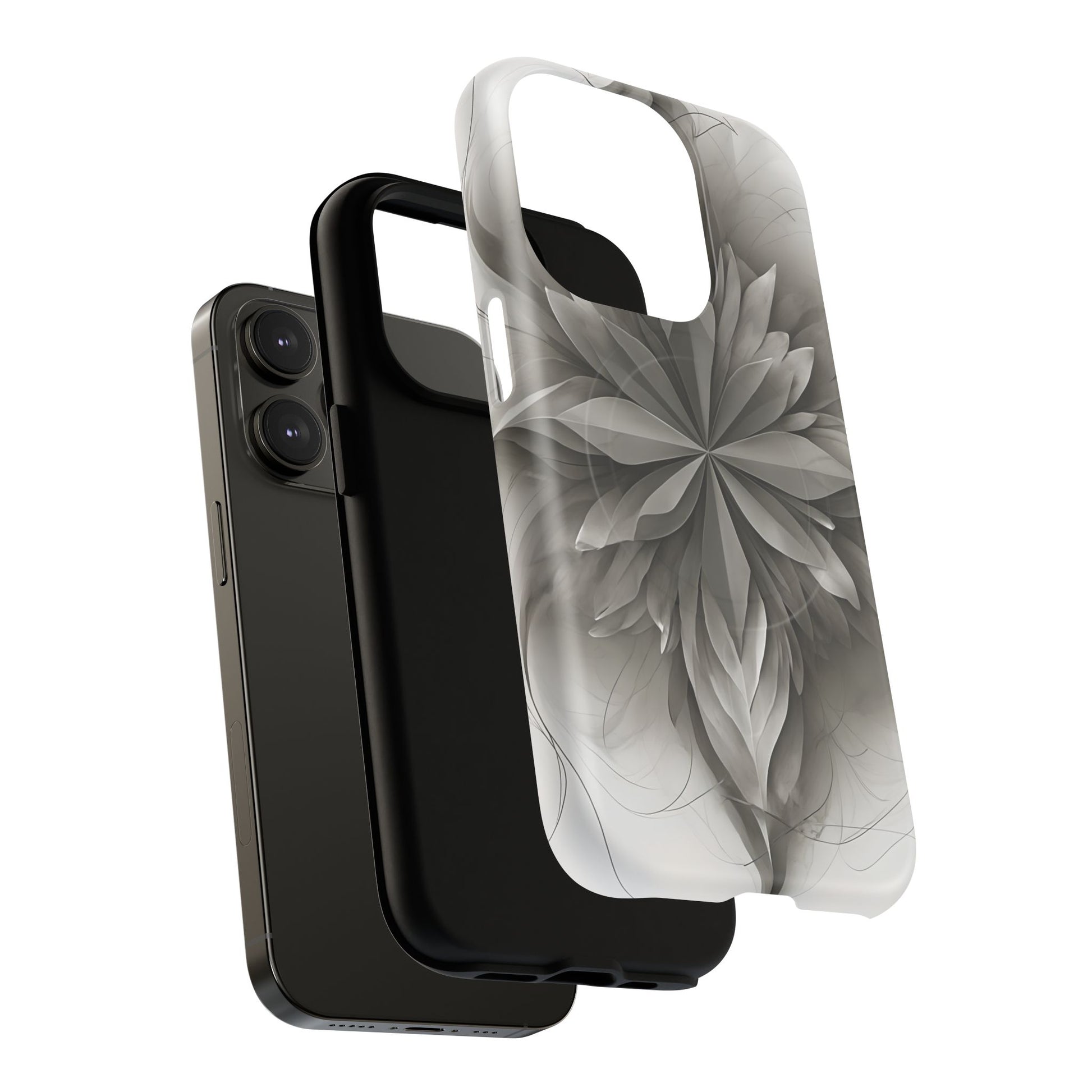 Silver Lotus - Elegant Monochrome Floral iPhone 14 Pro MagSafe Phone Case - Modern Lotus Design