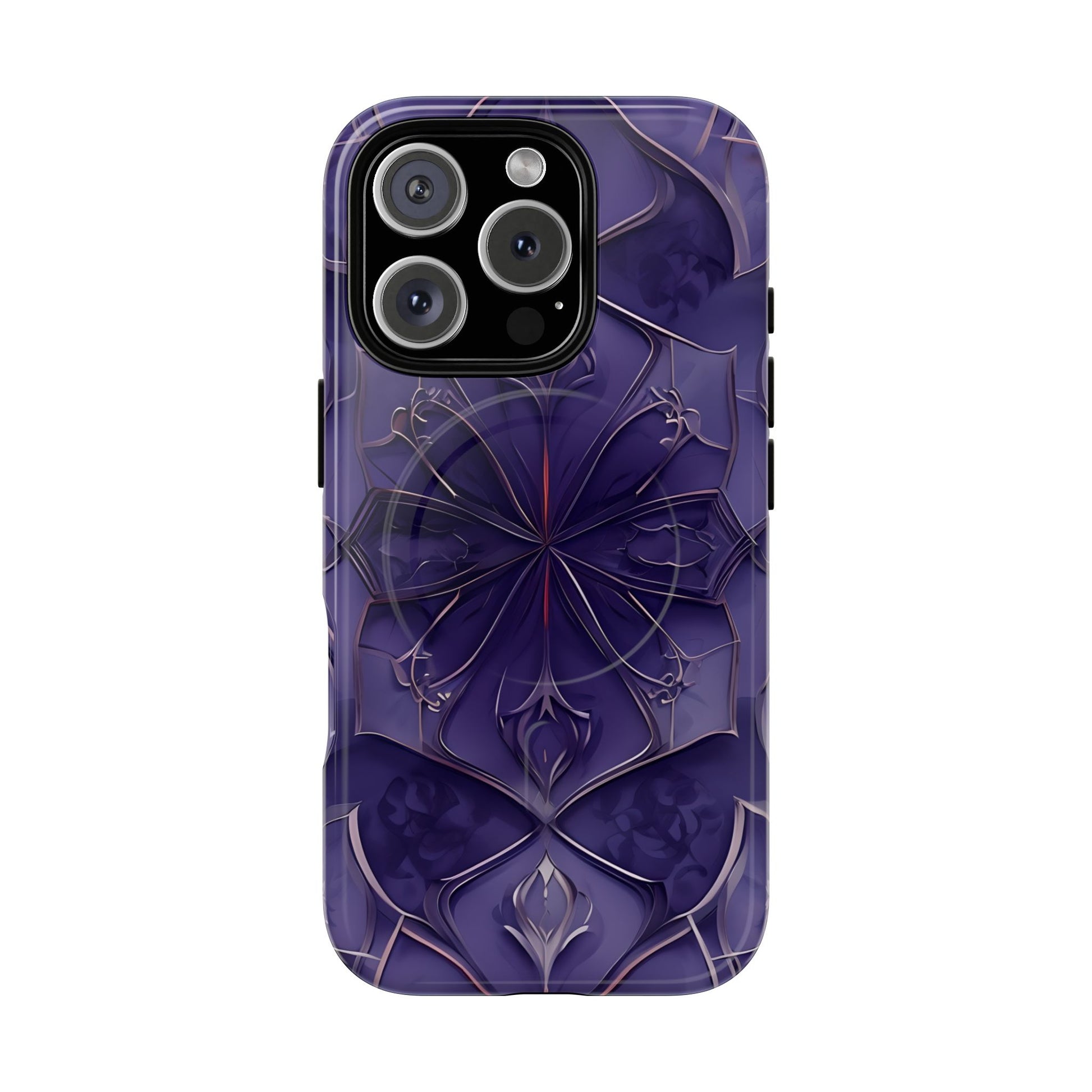 Violet Nebula - Kaleidoscope Collection Artistic Floral Burst - iPhone 16 Pro MagSafe Phone Case -Bold Purple Symmetrical Design