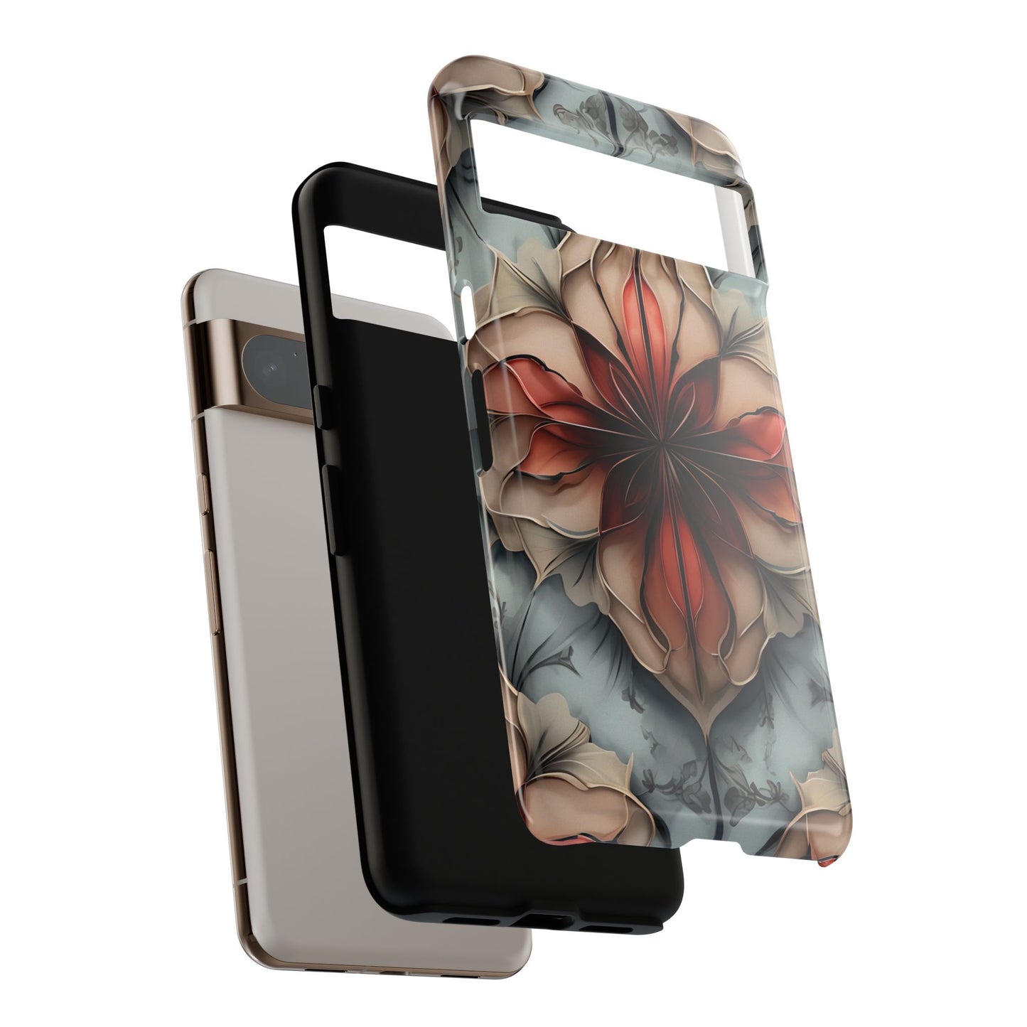 Ember Bloom - Kaleidoscope Collection Artistic Floral - Google Pixel Tough Phone Case - Fiery Symmetrical Design