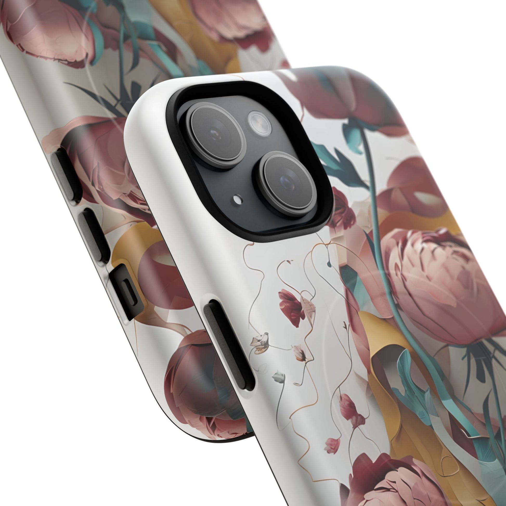 Blushing Peony Veil - Elegant Painterly Floral iPhone 15 MagSafe Phone Case - Soft Blush & Teal Peony Design
