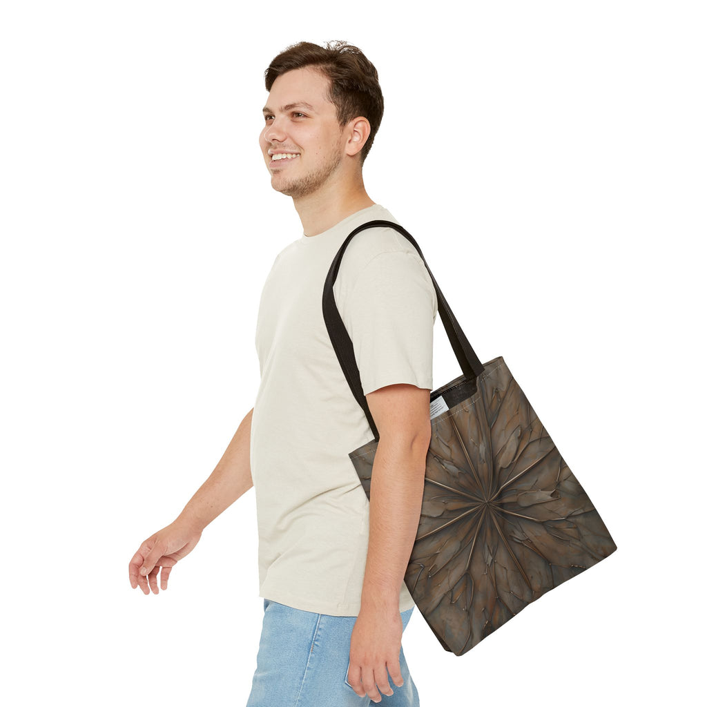 Earthstone Mandala Tote (16x16 & 18x18)- Centered Brown Geometric Pattern with Black Handle, Durable & Eco-Friendly Canvas