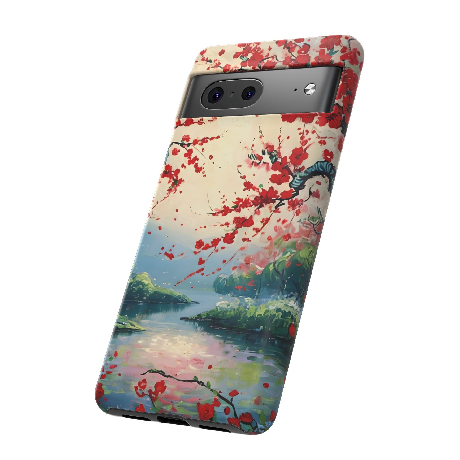 Crimson Blossom Lake - Artistic Floral Landscape Google Pixel 7 Tough Phone Case - Red Cherry Blossoms & Serene Lake Design