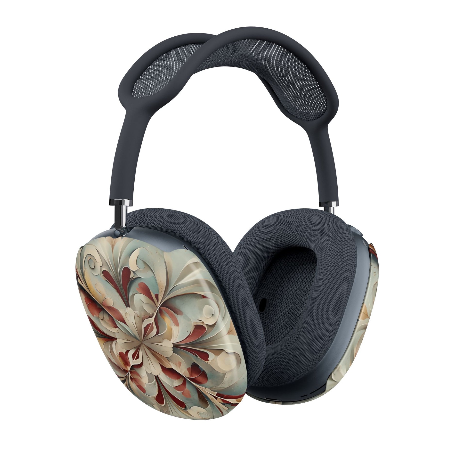 Vintage Baroque Blossom AirPods Max cover set on Apple headphones, elegant beige and red baroque floral design for Apple AirPods Max, angled side view