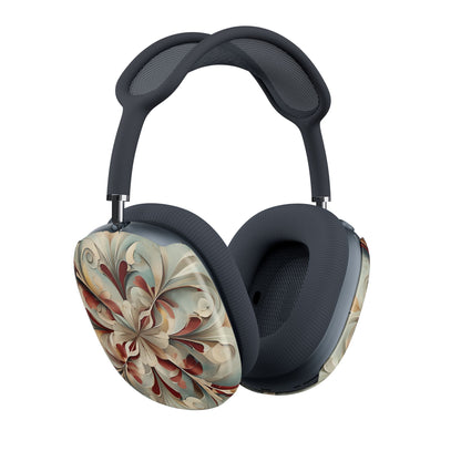 Vintage Baroque Blossom AirPods Max cover set on Apple headphones, elegant beige and red baroque floral design for Apple AirPods Max, angled side view