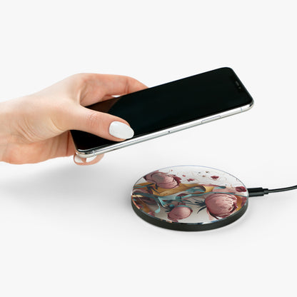 Hand placing smartphone on Blushing Peony Veil pink peony floral design Qi wireless charger