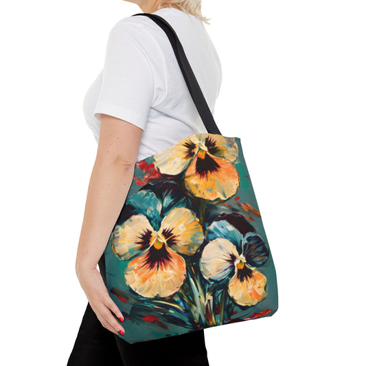 Golden Pansy Cascade floral tote bag worn over shoulder showing vibrant pansy artwork on teal background