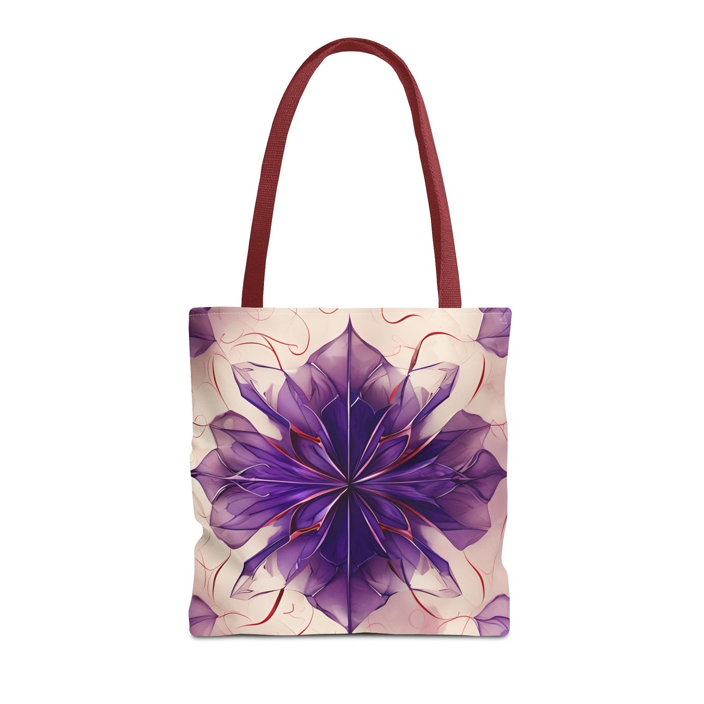 Violet Reverie canvas tote bag featuring purple and red floral burst design with red handles