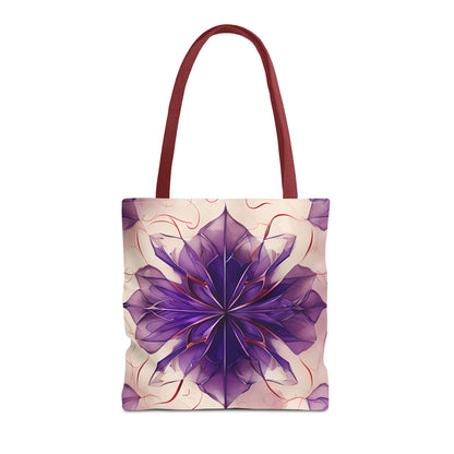 Violet Reverie canvas tote bag featuring purple and red floral burst design with red handles