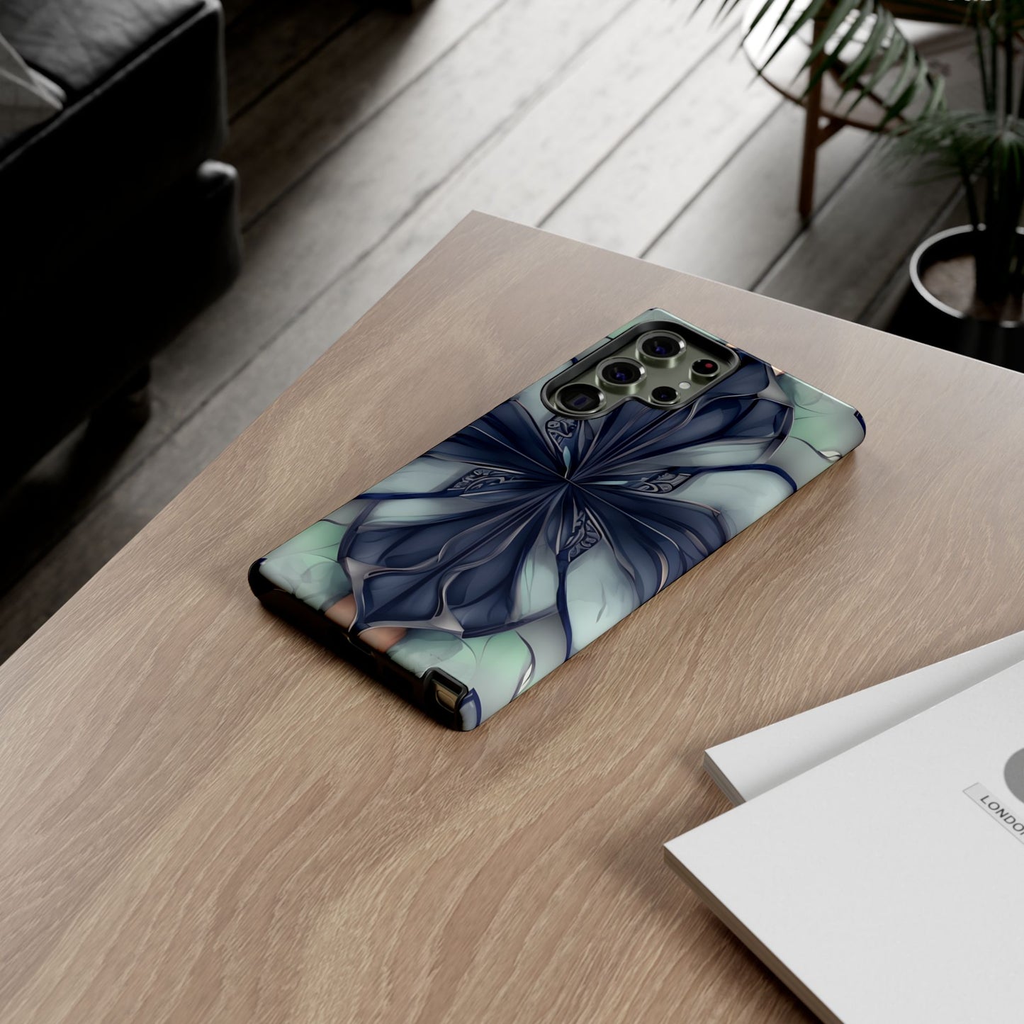 Midnight Mosaic midnight blue geometric floral Samsung Galaxy phone case lifestyle desk scene